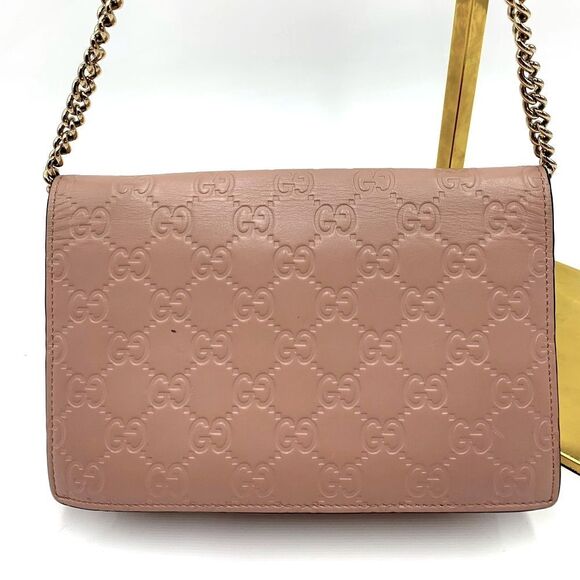 Auth Gucci Wallet On Chain Pink Beige Bow Guccisima Leather Gold Chain Strap Ex+ - Picture 12 of 16